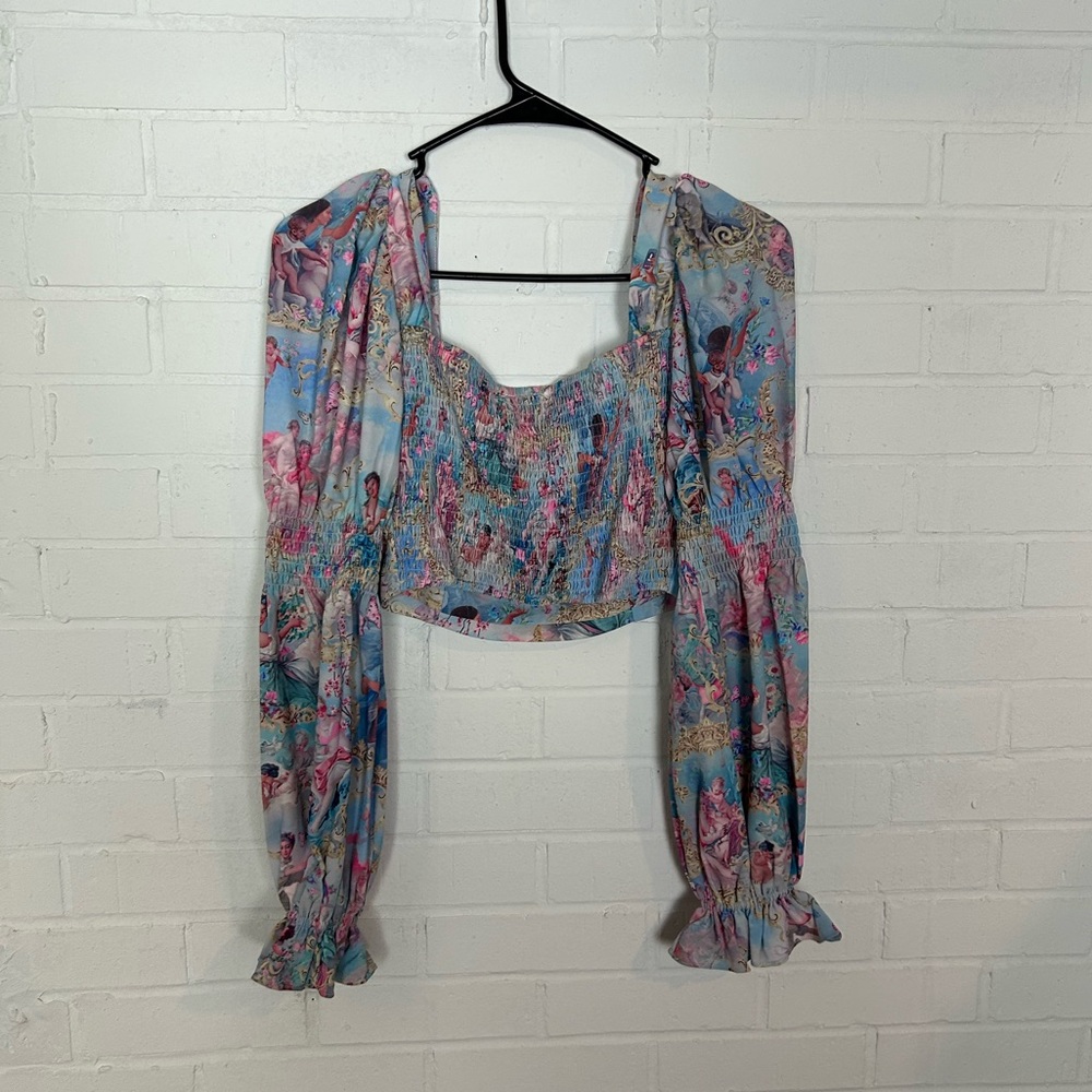 NWT Sugar Thrillz Baroque Pattern Puff Sleeve Crop Top - Picture 4 of 6